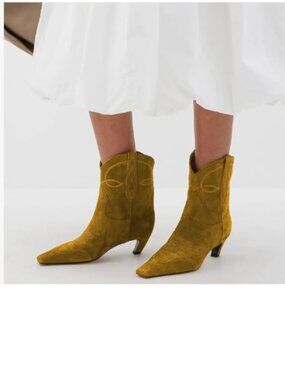 FSJ Goldenrod Suede Square Toe Comfort Kitten Low Heel Ankle Boot Pull On Bootie